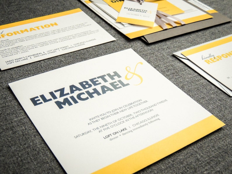 May include: Wedding invitation with a yellow and white design. The invitation features the names "Elizabeth & Michael" in bold blue text. The text "Invite you to join in celebration as they begin their new life together" is printed in black text. The date and time of the wedding are listed as "Saturday, the ninth of October, two thousand twelve at five o'clock in the afternoon". The location is listed as "Loft on Lake | Chicago, Illinois".