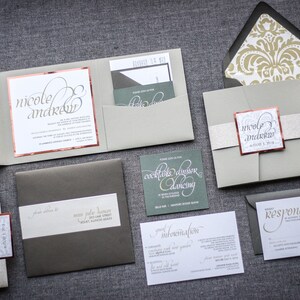 Modern Wedding Invitations, Calligraphy Invites, Luxury Wedding, Yellow and Grey Wedding, Pocketfold Dramatic Script PF-1L-v2 SAMPLE image 3
