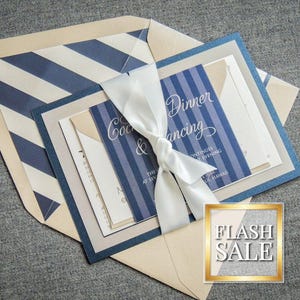 Navy Blue Stripe Invitations, Beach Wedding Invites, Seashell Invitations, Handmade Invitation Suite - &quot;Starfish & Shell&quot; FP-1L-v1 SAMPLE