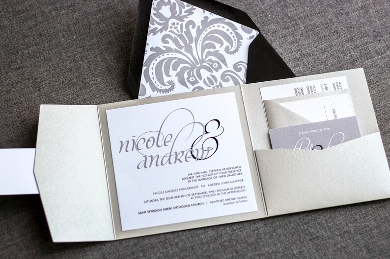 Silver Wedding Invitations Pocketfold Wedding Invites Formal Etsy