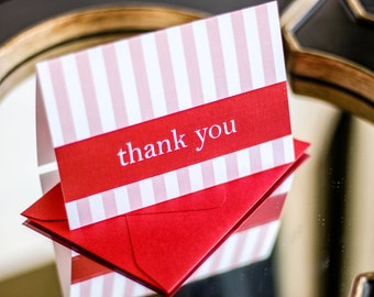 Wedding Thank You Cards, Stripe Stationery, Preppy, Pink and Red - "Preppy Chic" Folded Thank You Card with Envelope - DEPOSIT