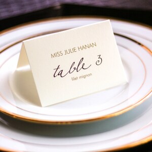 Wedding Placecards, Meal Selection Place Setting Cards, Gold and Burgundy Special Event - "Modern Calligraphy" Tented Placecard v1 - DEPOSIT