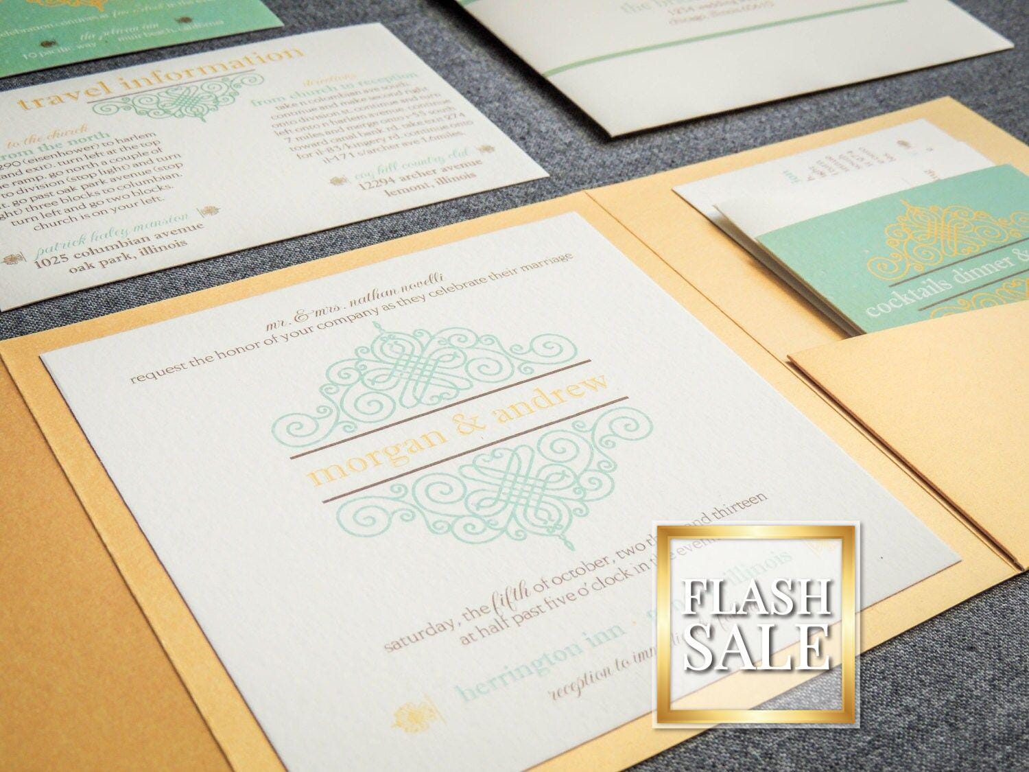 Rustic Invitations, Beach Wedding Invitations, Gold and Mint Green ...