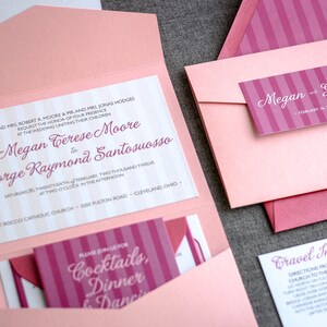May include: Pink and white striped wedding invitation with the names Megan Terese Moore and George Raymond Santosuosso. The invitation includes the date and time of the wedding, the location of the ceremony, and the location of the reception. The invitation also includes a small card with the text "Please join us for Cocktails, Dinner & Dancing."