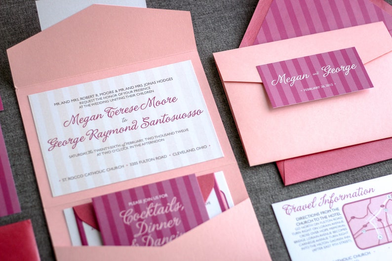 May include: Pink and white striped wedding invitation with the names Megan Terese Moore and George Raymond Santosuosso. The invitation includes the date and time of the wedding, the location of the ceremony, and the location of the reception. The invitation also includes a small card with the text "Please join us for Cocktails, Dinner & Dancing."