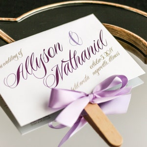 Modern Wedding Programs, Ceremony Programs, Beach or Destination Wedding, Purple and Grey Program - &quot;Sweeping Script&quot; Fan Program - DEPOSIT