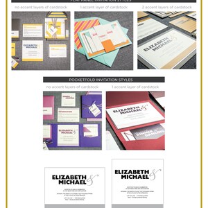 May include: A graphic design inspiration board showing different invitation styles for a wedding. The board shows flat panel and pocketfold invitation styles with different accent layers of cardstock. The invitations feature a bold striped design with the names "Elizabeth & Michael" printed on them. The board also includes the sizes of the invitations, which are 5" x 7" and 6" x 6".