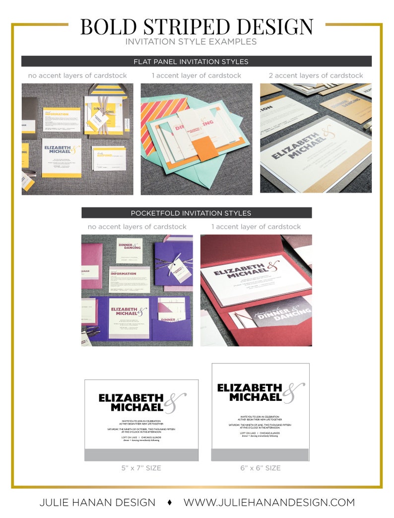 May include: A graphic design inspiration board showing different invitation styles for a wedding. The board shows flat panel and pocketfold invitation styles with different accent layers of cardstock. The invitations feature a bold striped design with the names "Elizabeth & Michael" printed on them. The board also includes the sizes of the invitations, which are 5" x 7" and 6" x 6".