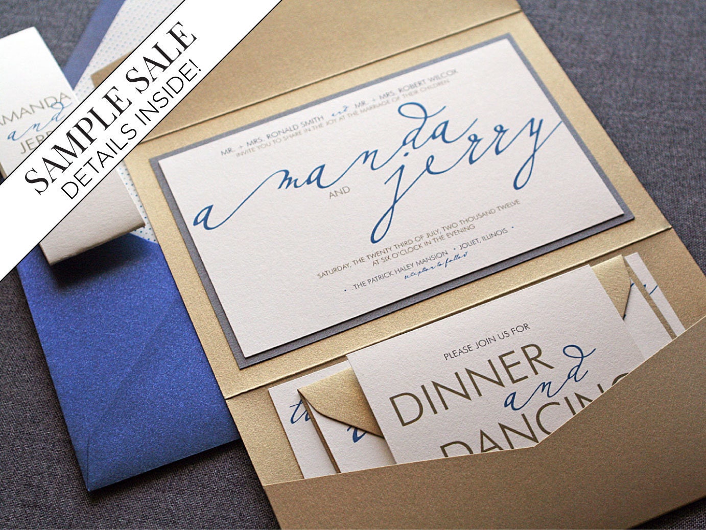 Calligraphy Wedding Invitation Set, Modern Invites, Navy Blue Pocketf…