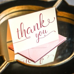 Pink Folded Thank You, Calligraphy Thank You Stationery, Business Thank You Notes - "Playful Calligraphy" Folded Thank You Cards - DEPOSIT