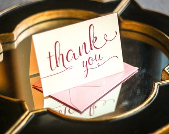 Pink Folded Thank You, Calligraphy Thank You Stationery, Business Thank You Notes - "Playful Calligraphy" Folded Thank You Cards - DEPOSIT