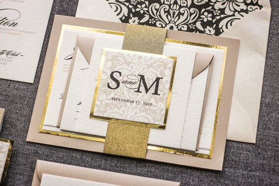 Champagne Wedding Invitations Gold Foil Invitation Elegant Etsy
