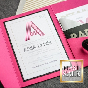 Bat Mitzvah Invitation, Hot Pink Glitter Pocketfold Invitations for Bachelorette or Sweet 16, Black and Gold - Modern Monogram PF-1L SAMPLE
