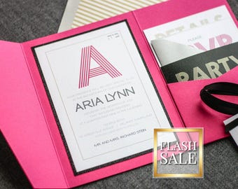 Hot Pink & Black Bat Mitzvah Invitation, Sweet 16 Party Invites, Bold Graphic Layout for Stylish Events | Sample of "Modern Monogram" Design