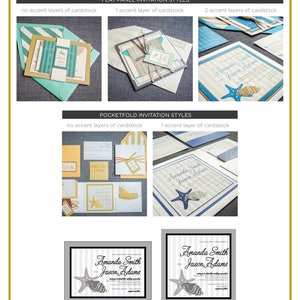 May include: Invitation design examples for a starfish and shell themed wedding. The designs feature different cardstock options and sizes, including a 5 x 7 inch and a 6 x 6 inch option. The invitations feature a blue and white striped background with a starfish and seashell graphic.
