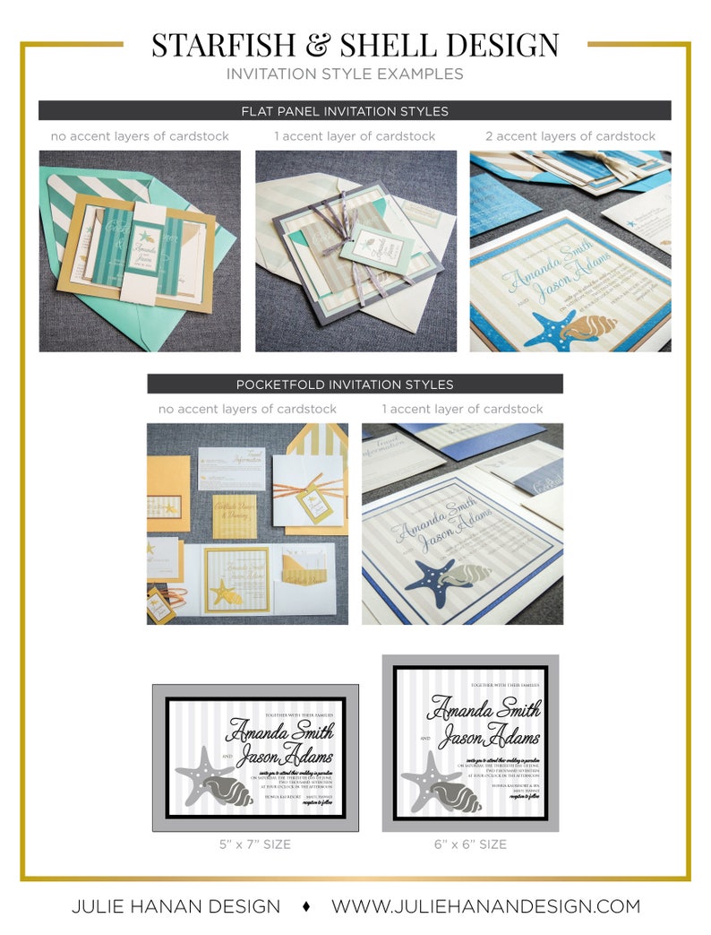 May include: Invitation design examples for a starfish and shell themed wedding. The designs feature different cardstock options and sizes, including a 5 x 7 inch and a 6 x 6 inch option. The invitations feature a blue and white striped background with a starfish and seashell graphic.