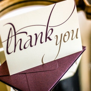 Eggplant and Beige, Calligraphy Thank You Stationery, Wedding Thank Yous - "Dramatic Script" Folded Thank You Card with Envelope - DEPOSIT