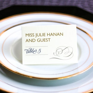 Elegant Dinner Placecards, Navy Blue and Gold, Modern Wedding Placecards, Party - "Modern Swirl and Flourish" Tented Placecard v3 - DEPOSIT