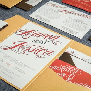 Fall Wedding Invitations, Burnt Orange and Copper Wedding, Modern Calligraphy Invitation Suite Custom - "Sweeping Script" PF-NL-v1 SAMPLE