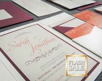 May include: A wedding invitation with a burgundy border and a cream background. The invitation features the names "Sarah" and "Jonathan" in a cursive font. The text "Together with their families" and "Saturday, the tenth of" are also included.