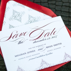 Classic Wedding Save the Date, Red and Gold, Formal Party Invitations - "Delicate Filigree" Save the Date Card with Envelope - DEPOSIT