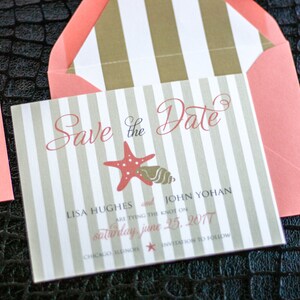 Starfish and Shell Beach Wedding Save the Date shown in Navy Blue, Yellow, Gold and Grey, Build-Your-Invite Collection - DEPOSIT