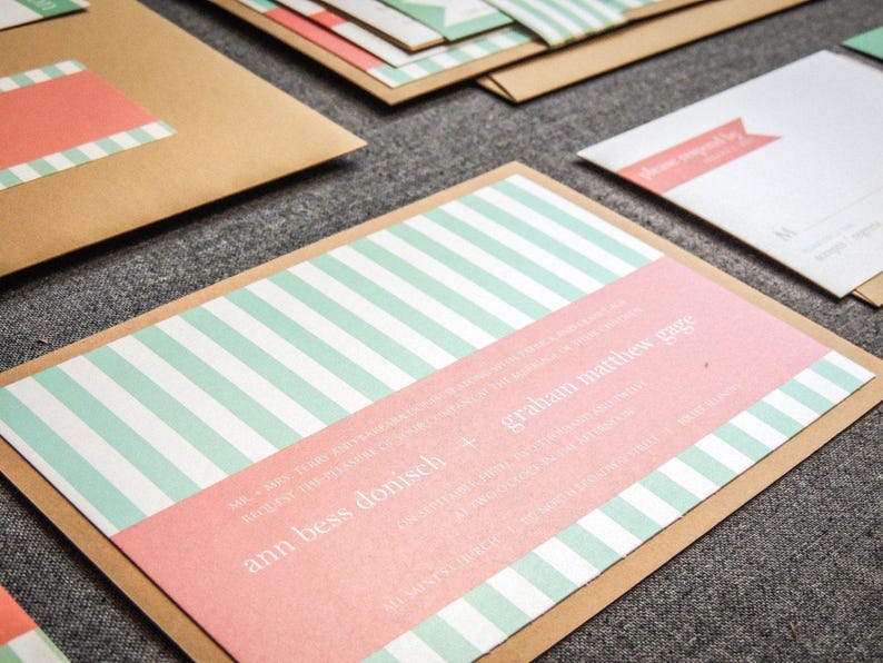 Coral and Mint Wedding Invitation Printed, Beach Wedding Invitation, Mint Green Invitation, Destination Idea - "Preppy Chic" FP-1L-v3 SAMPLE image 2