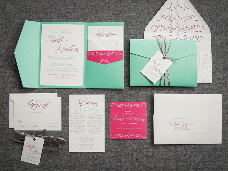 Pink and Mint Invitations Aqua Pocketfold Invitations With Etsy