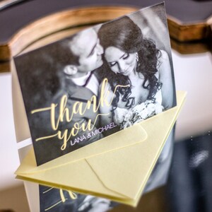Black and White Thank You Cards, Yellow Picture Wedding Thank You, Modern - "Whimsical Calligraphy" Folded Photo Thank You Cards - DEPOSIT