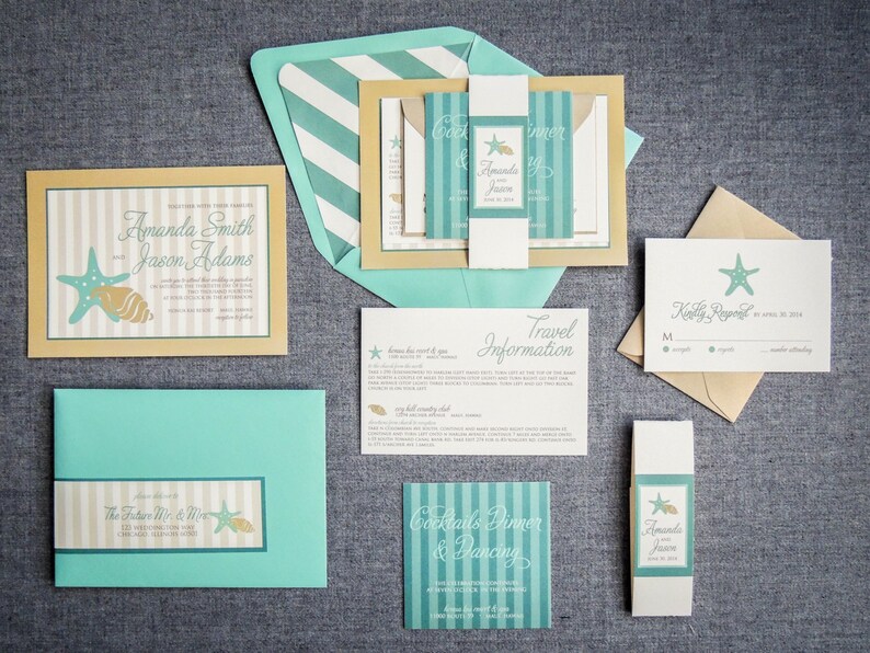 May include: A set of wedding invitations with a beach theme. The invitations are printed on beige cardstock with teal and white stripes. The invitations feature a seashell and starfish design. The text on the invitations reads "Amanda Smith & Jason Adams".