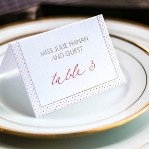 Coral and Gold Reception Dinner Placecards, Dots Wedding Placecards, Fun Seating Cards - "Modern Calligraphy" Tented Placecard v4 - DEPOSIT