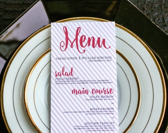 Pink Dinner Menu, Calligraphy Menus Printed, Wedding Menus, Pink and Gray, Striped Menu - "Calligraphy Chic" Flat Menu, No Layers - DEPOSIT