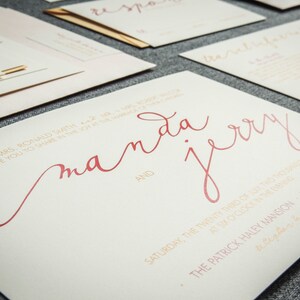 May include: A wedding invitation with the names "amanda" and "jerry" written in cursive in a red-orange color. The invitation is for a wedding ceremony on Saturday, the twenty-third of August, at six o'clock in the evening at The Patrick Haley Mansion.