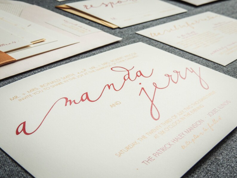 May include: A wedding invitation with the names "amanda" and "jerry" written in cursive in a red-orange color. The invitation is for a wedding ceremony on Saturday, the twenty-third of August, at six o'clock in the evening at The Patrick Haley Mansion.