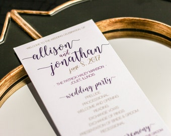 Purple and Gold Wedding, Event Program, Bat Mitzvah Event, Wedding, Program, Special Event - "Whimsical Calligraphy" Flat Program - DEPOSIT