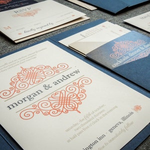 Vintage Scroll Invitations, Navy Blue Pocketfold Wedding Invitation, Blue and Orange Invites - "European Scroll" PF-NL-v3 SAMPLE