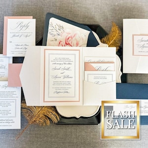 Formal Calligraphy Pocket Wedding Invitation, Custom Navy and Cream Floral Invites, Pocketfold Invitations - Timeless Romantic PF-1L SAMPLE