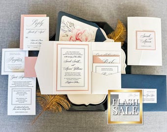 Timeless Blush & Ivory Pocketfold Invitations With Floral Liner, Romantic Garden or Church Weddings | Sample of "Timeless Romantic" Design