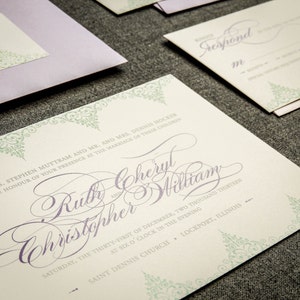 May include: Wedding invitation with a green and white floral design. The invitation reads "Mr. and Mrs. Stephen Muttram and Mr. and Mrs. Dennis Hocker request the honour of your presence at the marriage of Ruth Cheryl and Christopher William, Saturday, the thirty-first of December, two thousand thirteen, at six o'clock in the evening, Saint Dennis Church, Lockport, Illinois."