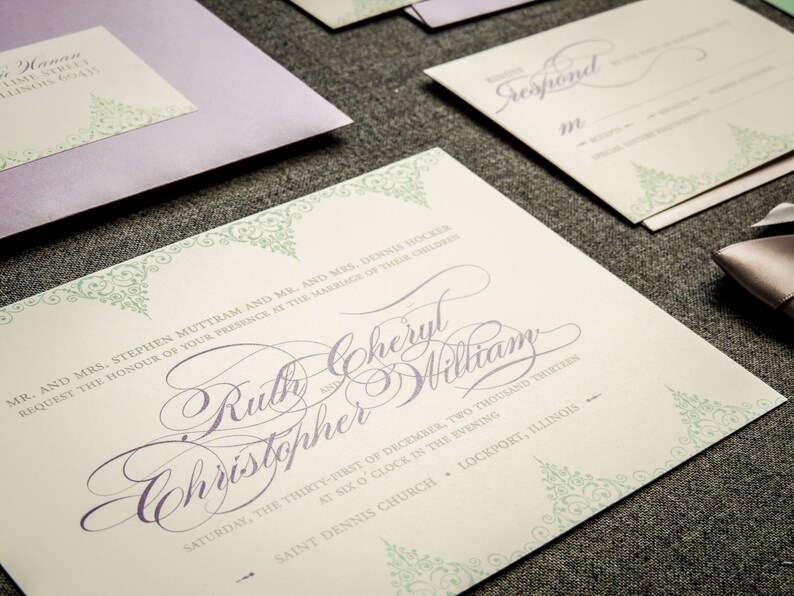May include: Wedding invitation with a green and white floral design. The invitation reads "Mr. and Mrs. Stephen Muttram and Mr. and Mrs. Dennis Hocker request the honour of your presence at the marriage of Ruth Cheryl and Christopher William, Saturday, the thirty-first of December, two thousand thirteen, at six o'clock in the evening, Saint Dennis Church, Lockport, Illinois."