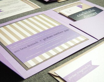 Lilac Wedding Invitations, Modern Striped Invitations, Destination Wedding Invite, Lavender and Grey Card - "Preppy Chic" PF-1L-v2 SAMPLE