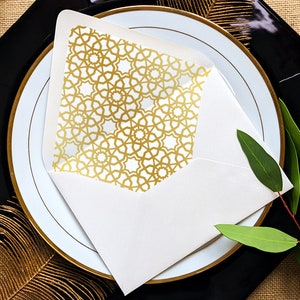 Gold Bohemian Pattern Envelopes with Liners, Modern Wedding Theme Invitation Design, 5x7 Euro Flap With Inserts - Moroccan A7 Envelope Liner