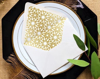 Gold Bohemian Pattern Envelopes with Liners, Modern Wedding Theme Invitation Design, 5x7 Euro Flap With Inserts - Moroccan A7 Envelope Liner