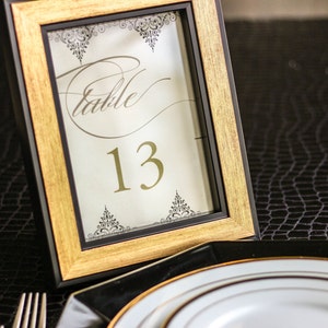 Wedding Table Numbers, Reception Signage, Elegant Table Numbers, Filigree Table Decor, Gold and Black - &quot;Delicate Filigree&quot; Table Numbers
