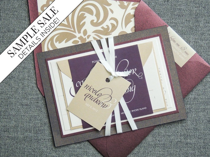 Burgundy Wedding Invitations, Luxury Wedding Invitation, Layered Invite, Purple Calligraphy Invitations Dramatic Script FP-2L-v1 SAMPLE image 1