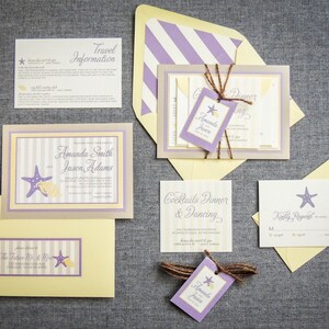 May include: A wedding invitation suite with a beach theme. The invitation features a purple and yellow striped design with a starfish and seashell. The RSVP card has a yellow background with a starfish.