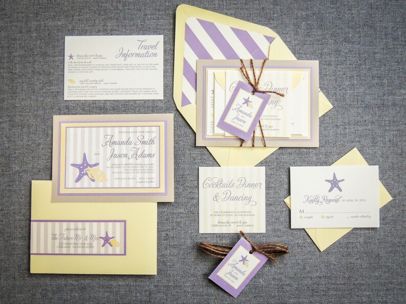 May include: A wedding invitation suite with a beach theme. The invitation features a purple and yellow striped design with a starfish and seashell. The RSVP card has a yellow background with a starfish.