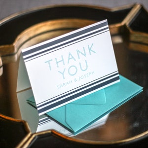 Cyan Blue Stationery, Bar Mitzvah Thank You Notes, Folded Personalized Thank You Card, - "Striped Mitzvah" Folded Thank You Cards - DEPOSIT