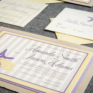 May include: Wedding invitation with a yellow and purple striped background. The invitation features a starfish and seashell design. The text reads "Amanda Smith and Jason Adams" and includes the date and location of the wedding.