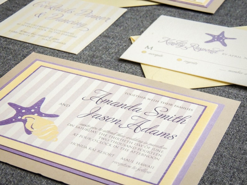 May include: Wedding invitation with a yellow and purple striped background. The invitation features a starfish and seashell design. The text reads "Amanda Smith and Jason Adams" and includes the date and location of the wedding.